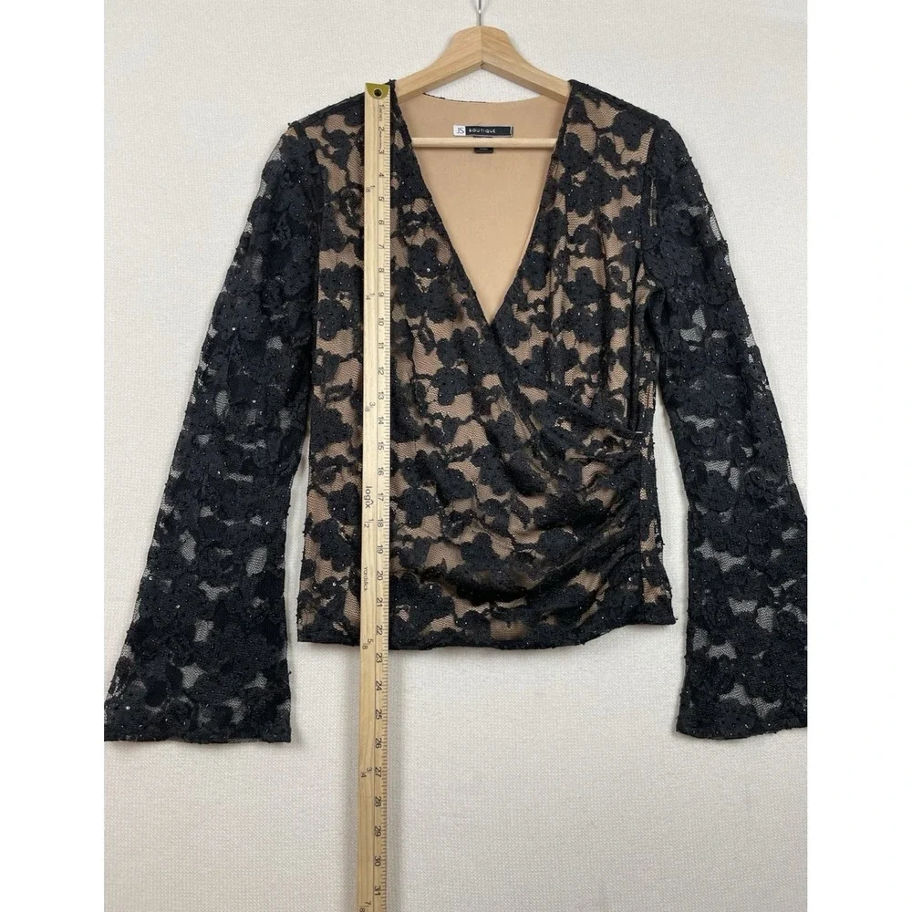 JS BOUTIQUE Lace Overlay Blouse M Sequins Faux-Wrap Mesh Top Evening Romantic - Picture 8 of 14